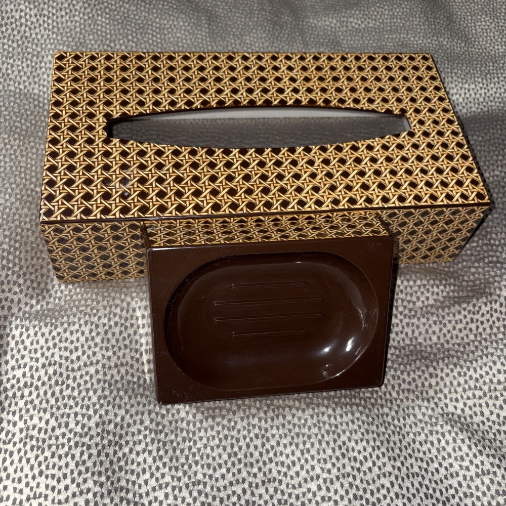 Vintage MCM Tissue Box Cover Soap Dish Geometric Ratan Pattern Grannycore